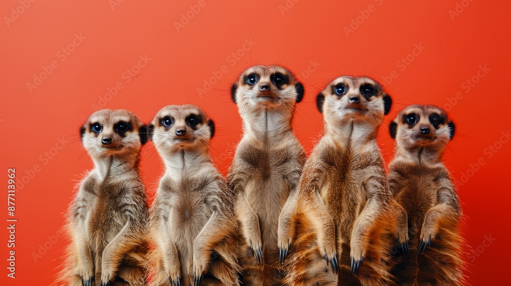 A cluster of meerkats aligned before a scarlet backdrop, their eyes gaze open A cluster of meerkats aligned before a scarlet backdrop, their eyes gaze open