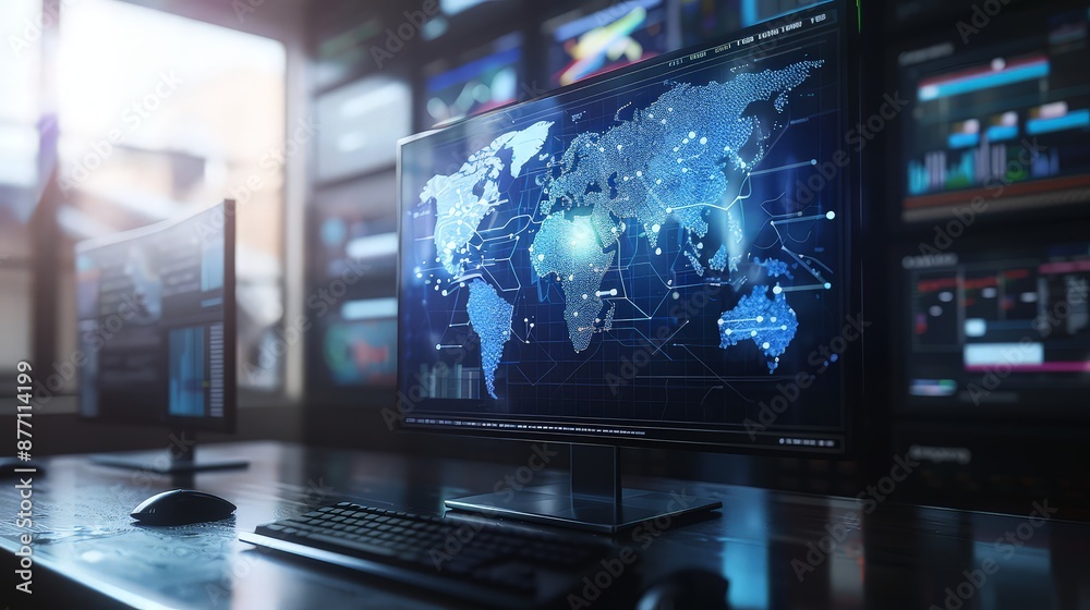 Computer monitor with abstract creative digital world map, globalization concept. Computer monitor with abstract creative digital world map, globalization concept.