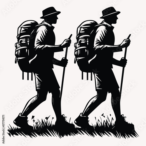 Beautiful Hiking vector silhouette Black silhouette of hunter perch stand white background 