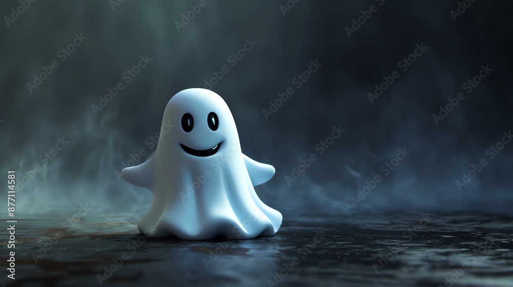 A cartoon ghost with a friendly smile, standing on a dark, misty surface. A cartoon ghost with a friendly smile, standing on a dark, misty surface.