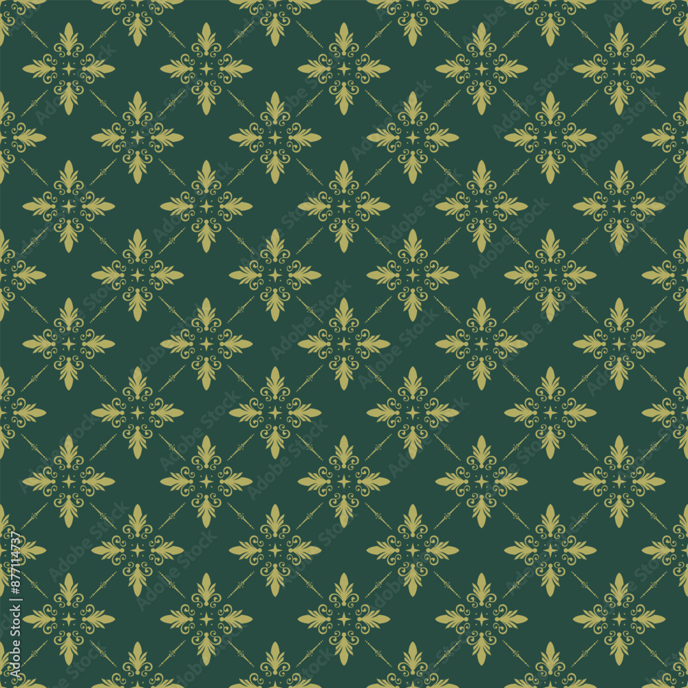 a green background with gold leaves and a gold luxury seamless pattern. a green background with gold leaves and a gold luxury seamless pattern.