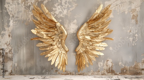 pair of gold angel wings in a photography studio backdrop.