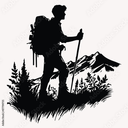 Beautiful Hiking vector silhouette Black silhouette of hunter perch stand white background 
