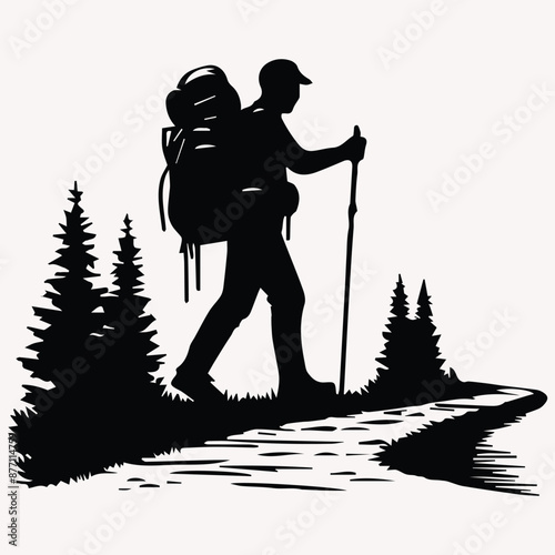 Beautiful Hiking vector silhouette Black silhouette of hunter perch stand white background 