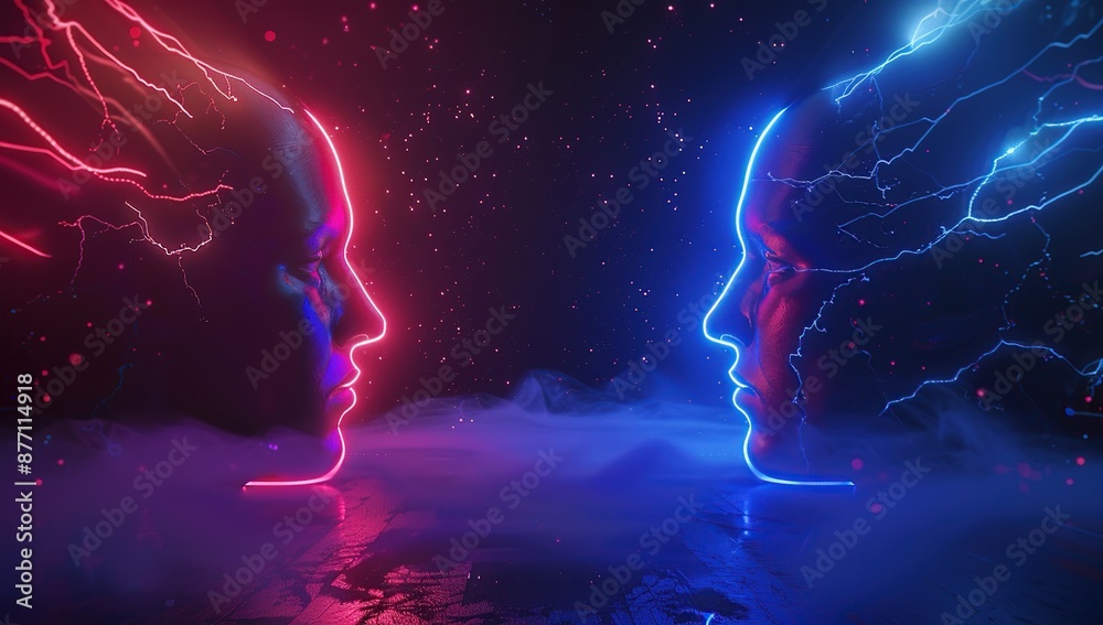 Fototapeta premium Neon Silhouettes of Two Faces in a Dark Cosmic Space