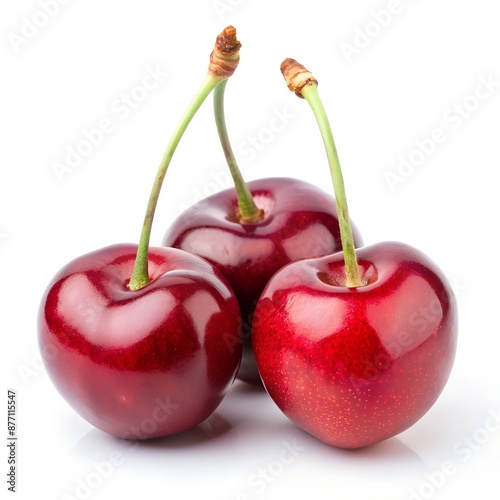 Three fresh cherries with green stems against a white backdrop