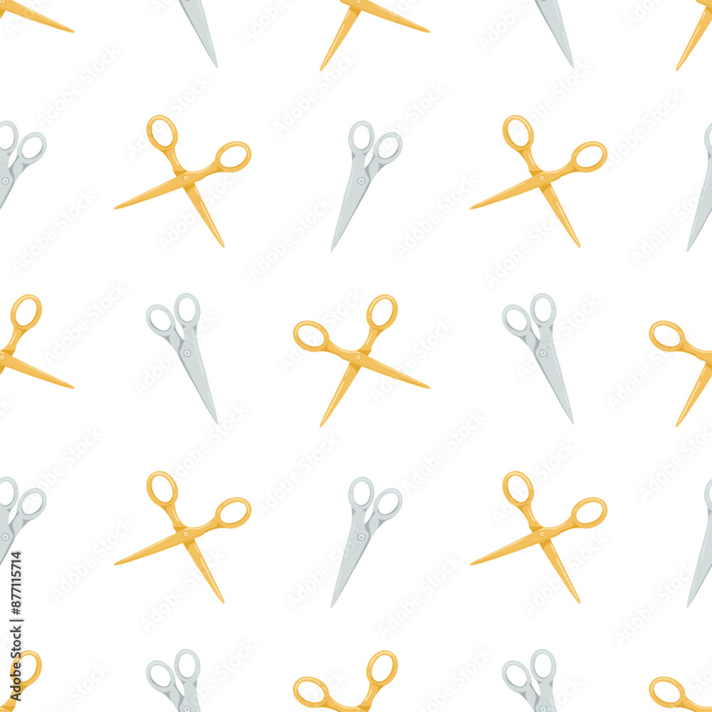 Scissors seamless pattern. Vector cartoon illustration. Hand drawn retro gold and silver scissors.White background. Barber shop or tailor theme. Paper cutting, haircut concept, fabric cutting. Scissors seamless pattern. Vector cartoon illustration. Hand drawn retro gold and silver scissors.White background. Barber shop or tailor theme. Paper cutting, haircut concept, fabric cutting.
