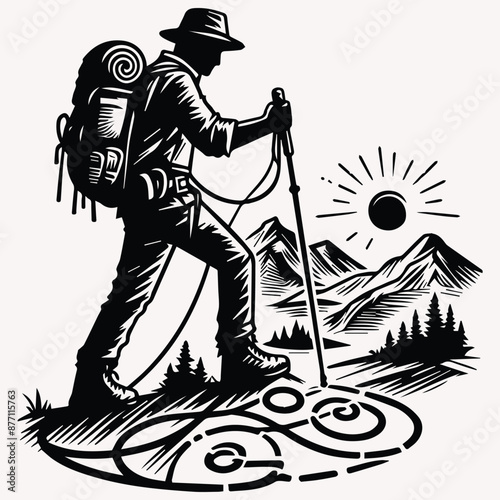 Beautiful Hiking vector silhouette Black silhouette of hunter perch stand white background 