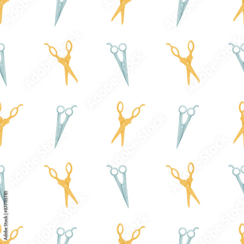 Scissors seamless pattern. Vector cartoon illustration. Hand drawn retro gold and blue scissors. Flat elements on white background. Barber shop or tailor theme. Paper cutting, haircut concept, fabric 