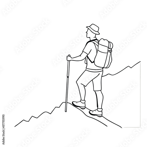 a man with a trekking pole and backpack hiking up a mountain. The line art vector illustration 