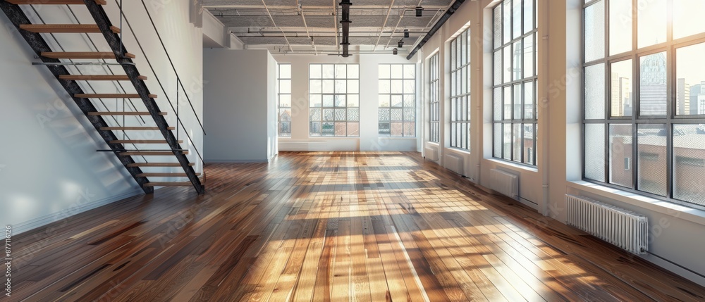 Obraz premium Modern loft apartment interior with large windows, hardwood floors, and exposed staircase, flooded with natural light.