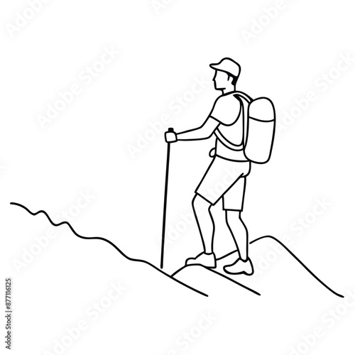 a man with a trekking pole and backpack hiking up a mountain. The line art vector illustration 