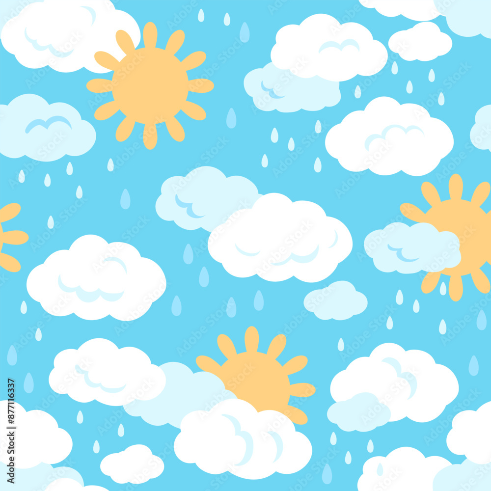 Kids seamless pattern in simple hand drawn flat style. Cute elements of clouds with rain drops and sun. Nursery vector illustration. Kids seamless pattern in simple hand drawn flat style. Cute elements of clouds with rain drops and sun. Nursery vector illustration.