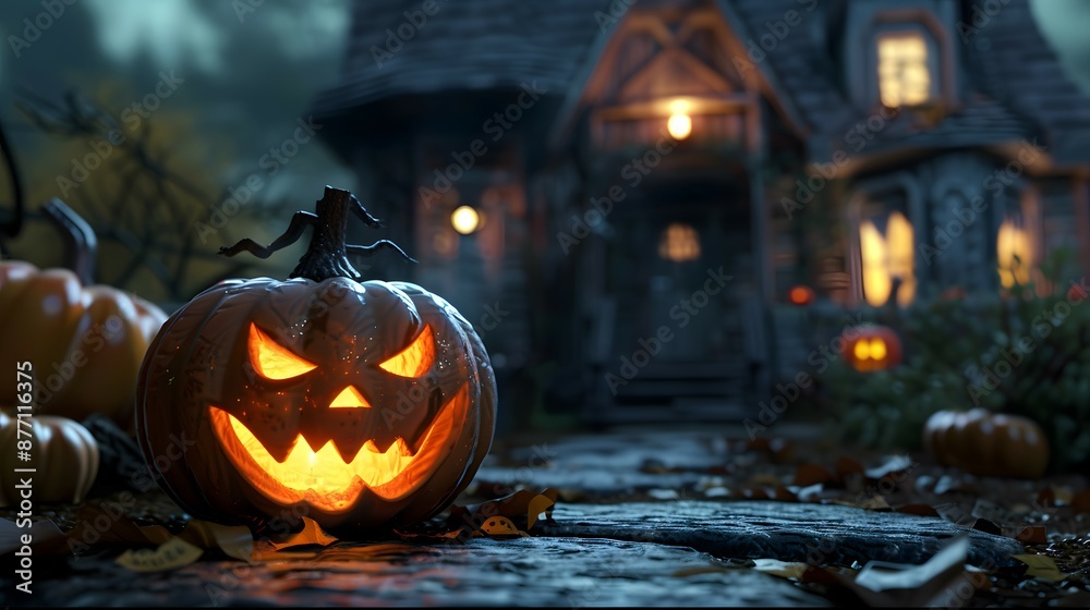 Halloween background with pumpkin and haunted house - 3D render. Holiday event halloween banner background concept Halloween background with pumpkin and haunted house - 3D render. Holiday event halloween banner background concept