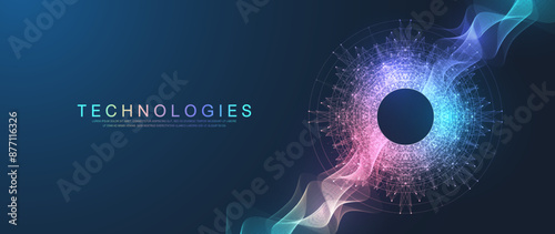 Scientific vector illustration quantum computer technology. Plexus fiction effect. Deep learning artificial intelligence. Big data algorithms visualization. Quantum explosion background.