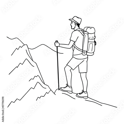 a man with a trekking pole and backpack hiking up a mountain. The line art vector illustration 