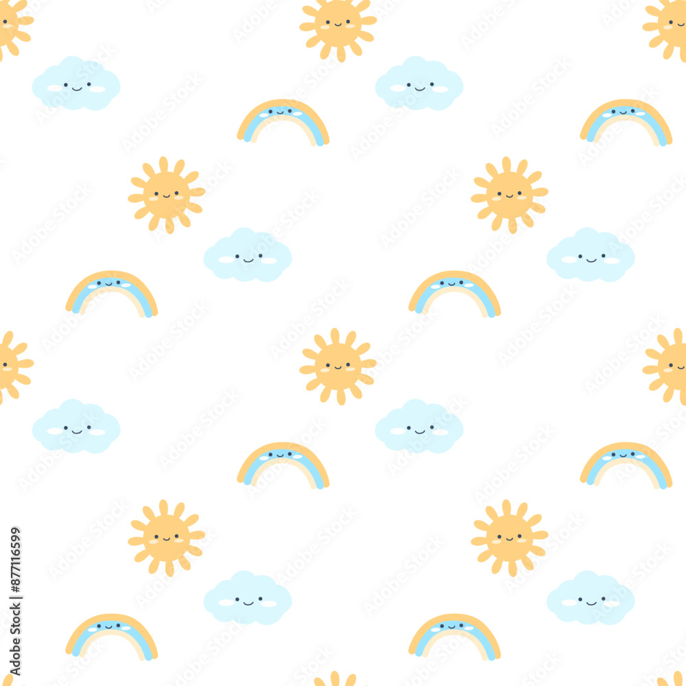Kids simple hand drawn flat style seamless pattern. Cute elements of clouds with rain drops, rainbow and sun on a white background. Nursery vector illustration in delicate palette. Kids simple hand drawn flat style seamless pattern. Cute elements of clouds with rain drops, rainbow and sun on a white background. Nursery vector illustration in delicate palette.