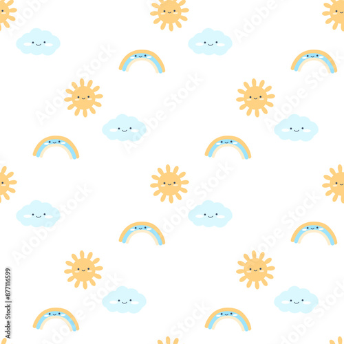 Kids simple hand drawn flat style seamless pattern. Cute elements of clouds with rain drops, rainbow and sun on a white background. Nursery vector illustration in delicate palette.