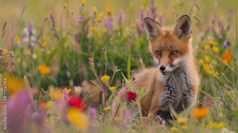 Obraz premium A fox in a wildflower field gazes at the camera, expressing curiosity