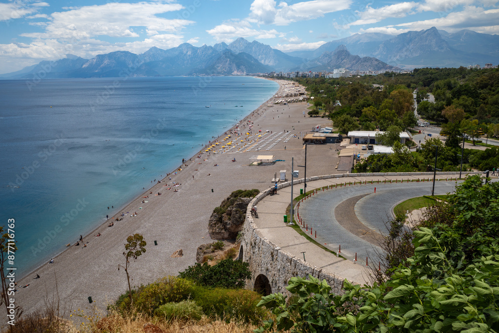 An aerial view from hill on the beach, sea and mountains in Antalya An aerial view from hill on the beach, sea and mountains in Antalya