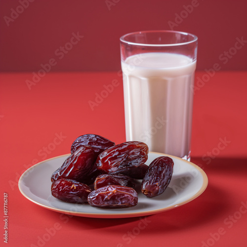 glass of milk with dates fruites photo