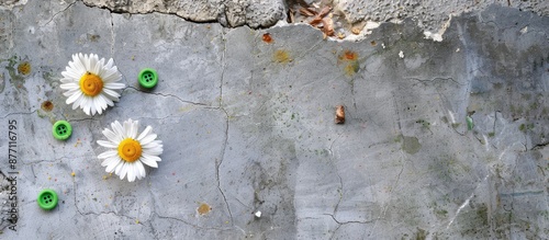 Mexican daisy and green coatbuttons adorn an outdoor cement wall, providing a decorative background for a copy space image. photo