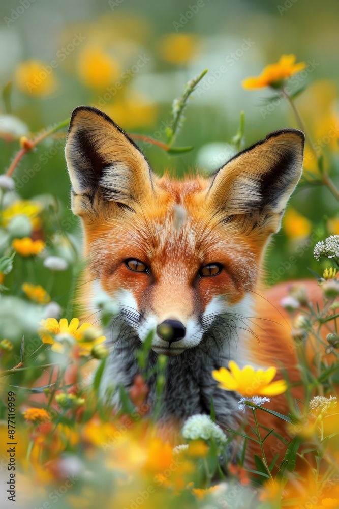 Fototapeta premium A tight shot of a fox amidst a field of yellow and white blooms; background softly blurred with flowers