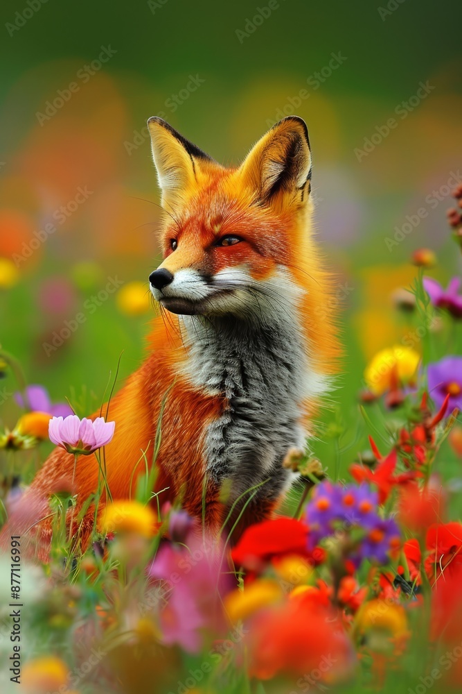 Obraz premium A tight shot of a fox amongst a flower-filled meadow Flowers prominent in foreground, background softly blurred