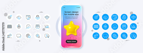 Lamp, Cloud sync and Message line icons. Phone mockup with 3d star icon. Pack of Time schedule, Buying currency, Augmented reality icon. Boxes shelf, Gas station, Shipment pictogram. Vector