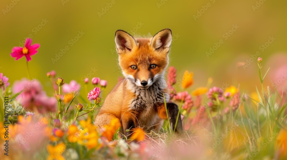 A tight shot of a small fox amidst a field of pink and yellow blooms, backdrop softly blurred A tight shot of a small fox amidst a field of pink and yellow blooms, backdrop softly blurred