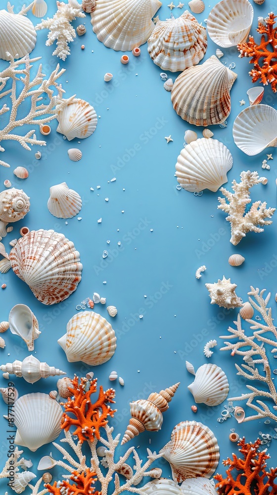 Sea shells in white and brown hues with coral design floating above a lively blue backdrop, representing holiday travels with copy space image Sea shells in white and brown hues with coral design floating above a lively blue backdrop, representing holiday travels with copy space image