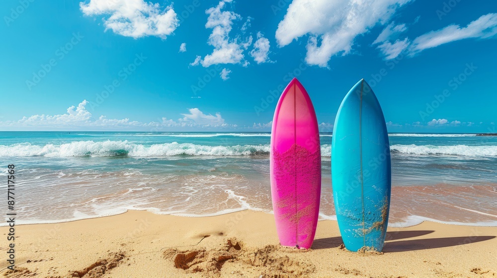 Two colorful surfboards standing on a sandy beach Two colorful surfboards standing on a sandy beach