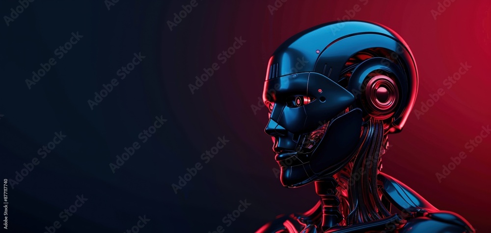 Profile of a robot illuminated by red and blue light, symbolizing advanced AI and futuristic technology. Profile of a robot illuminated by red and blue light, symbolizing advanced AI and futuristic technology.