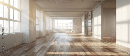 Spacious empty loft with large windows and wooden floor  filled with natural sunlight. Ideal for modern living or commercial purposes.