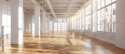Spacious empty loft with large windows and natural sunlight reflecting on polished wooden floors  creating a bright and airy ambiance.