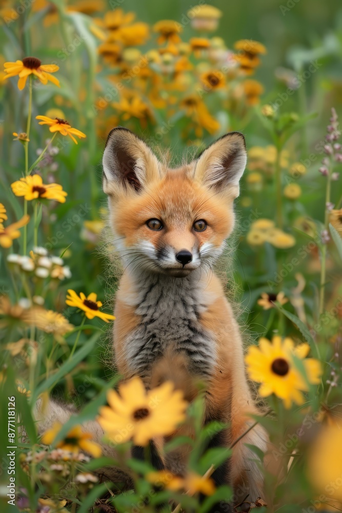 Obraz premium A tight shot of a baby fox amongst a flower bed, adorned with yellow and white blooms in the foreground