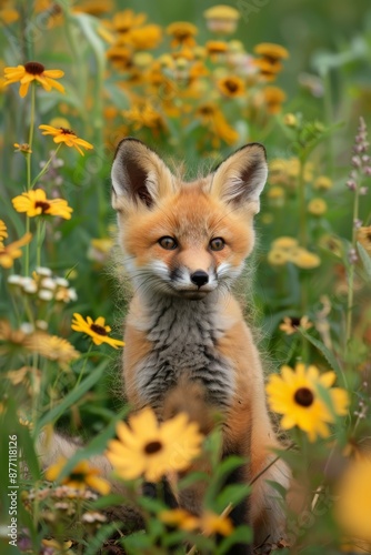  A tight shot of a baby fox amongst a flower bed, adorned with yellow and white blooms in the foreground