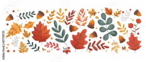 Watercolor autumn leaves and acorns illustration with vibrant orange, red, and green hues, perfect for seasonal designs or backgrounds.