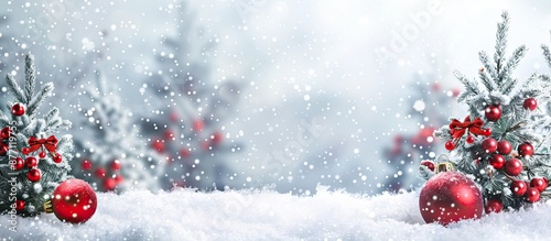 Festive greeting card with snow-covered fir trees, decorations, and a copy space image for personal messages. photo