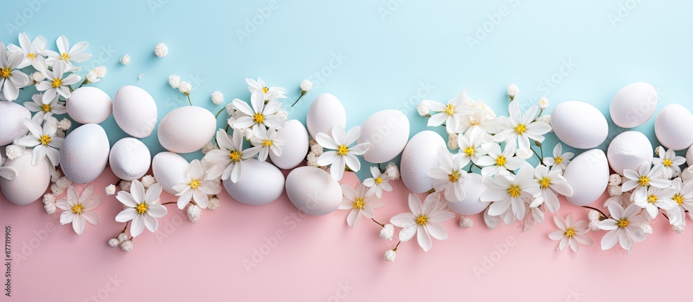 Modern blue Easter eggs and white flowers arranged as a border on a pink background, ideal for a greeting card template with copy space image. Modern blue Easter eggs and white flowers arranged as a border on a pink background, ideal for a greeting card template with copy space image.