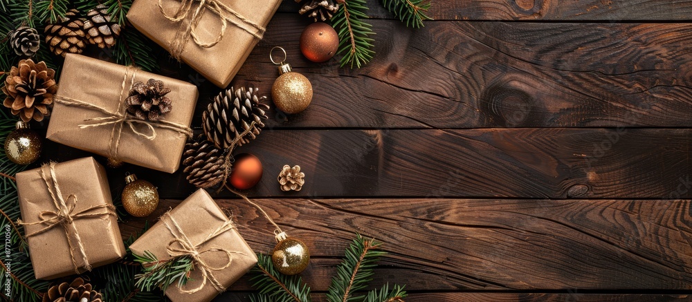 A rustic wooden background adorned with Christmas gifts or a gift box wrapped in kraft paper, adorned with pine cones, fir branches, and decorations, creating a festive scene with copy space image. A rustic wooden background adorned with Christmas gifts or a gift box wrapped in kraft paper, adorned with pine cones, fir branches, and decorations, creating a festive scene with copy space image.
