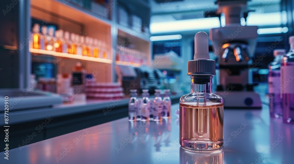 A glowing vial in a modern laboratory during an experiment A glowing vial in a modern laboratory during an experiment