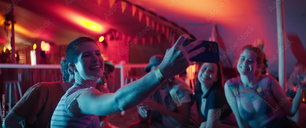 A group of vibrant young friends takes a selfie on a dance floor at a festival. Captured using an anamorphic lens and presented in the 2.39:1 CinemaScope aspect ratio. A group of vibrant young friends takes a selfie on a dance floor at a festival. Captured using an anamorphic lens and presented in the 2.39:1 CinemaScope aspect ratio.