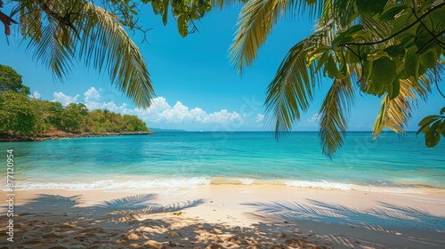 Palm tree-lined beach with turquoise water and clear sky in tropical heaven.