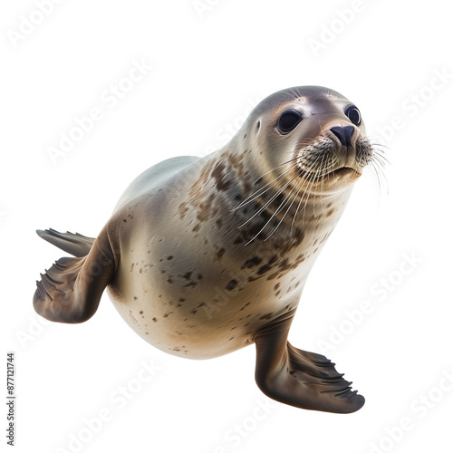 Seal standing, transparent white background, isolated.