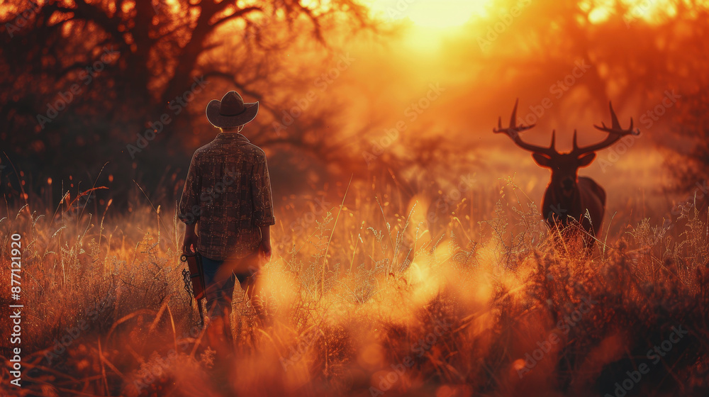 Fototapeta premium National Hunting and Fishing Day in the USA. A man hunts animals in the forest. hunter