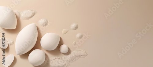 Various sizes of white beauty blenders and foundation on a beige backdrop with copy space image. photo