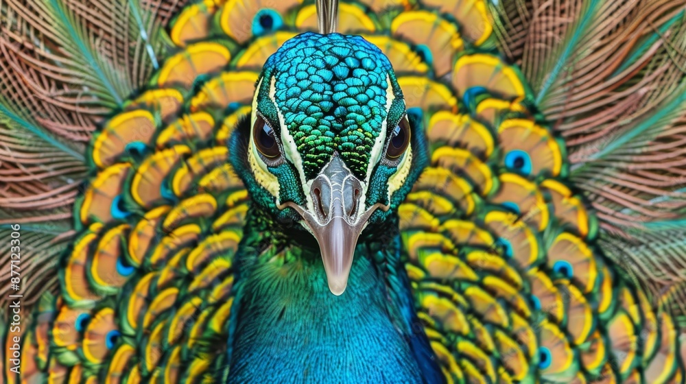 Fototapeta premium A tight shot of a peacock's blue-and-yellow feathers against its body