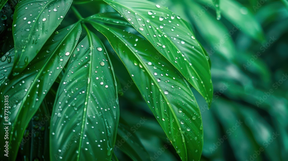 Close-up of Dew Drops on Lush Tropical Leaves After a Gentle Rain Shower, A Symbol of Life, Exotic Freshness, and Tranquility in Nature Close-up of Dew Drops on Lush Tropical Leaves After a Gentle Rain Shower, A Symbol of Life, Exotic Freshness, and Tranquility in Nature