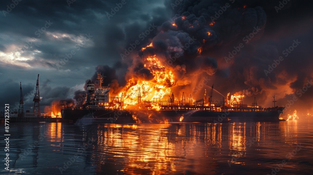 Large Fire On An Oil Rig In The Ocean Large Fire On An Oil Rig In The Ocean